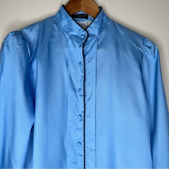 Vintage Susan Van Heusen Womens Mandarin Collar Light Blue Long Sleeve Blouse 10 - Picture 4 of 9